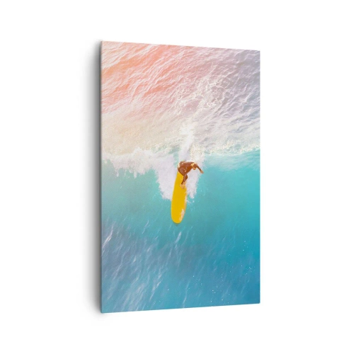Obraz na płótnie - Surfer na fali w pastelowych kolorach - 80x120cm - Oceaniczny jeździec - Nowoczesna dekoracja ścienna do salonu i sypialni ARTTOR