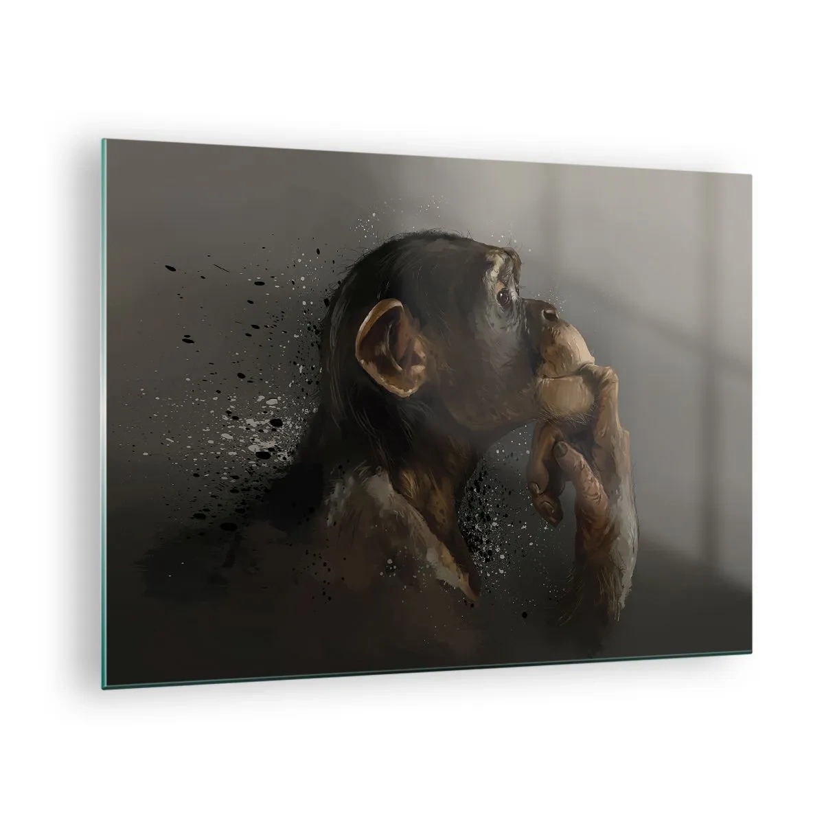 Obraz na szkle - Małpa w zamyśleniu na ciemnym tle z efektem rozprysku - 70x50cm - Z pewnością myśliciel - Nowoczesna dekoracja ścienna do salonu i sypialni ARTTOR