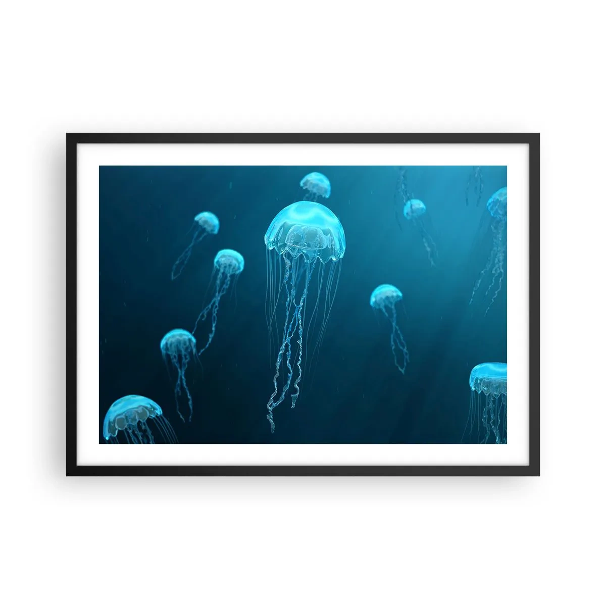 Plakat w czarnej ramie - Meduzy unoszące się w głębinach oceanu w niebieskiej tonacji - 70x50cm - Oceaniczny taniec - Nowoczesna dekoracja ścienna do salonu i sypialni ARTTOR