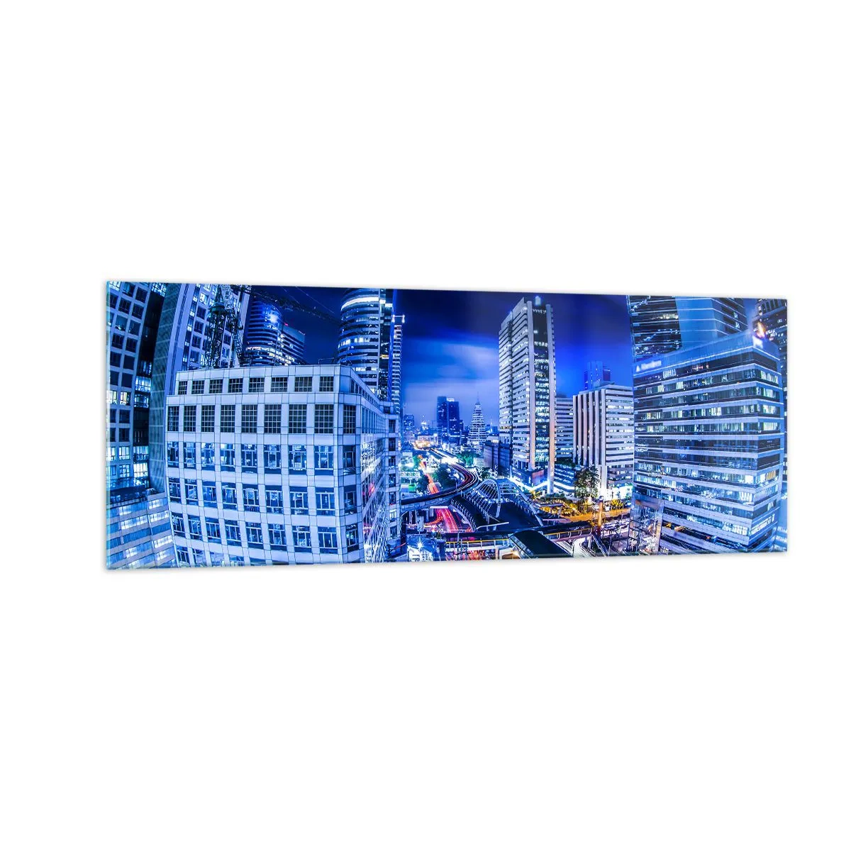 Obraz na szkle - Nocna panorama miasta z drapaczami chmur i światłami ulic - 140x50cm - Rytmy nocnego miasta - Nowoczesna dekoracja ścienna do salonu i sypialni ARTTOR