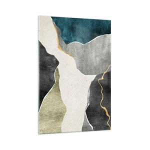 Obraz na szkle - Geometryczne formy w odcieniach szarości, zieleni i złota - 70x100cm - Mozaikowa kompozycja z nitką złota - Nowoczesna dekoracja ścienna do salonu i sypialni ARTTOR