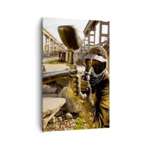 Obraz na płótnie - Gracz paintballa w stroju kamuflażowym celujący z markera - 80x120cm - I ty możesz zostać bohaterem - Nowoczesna dekoracja ścienna do salonu i sypialni ARTTOR