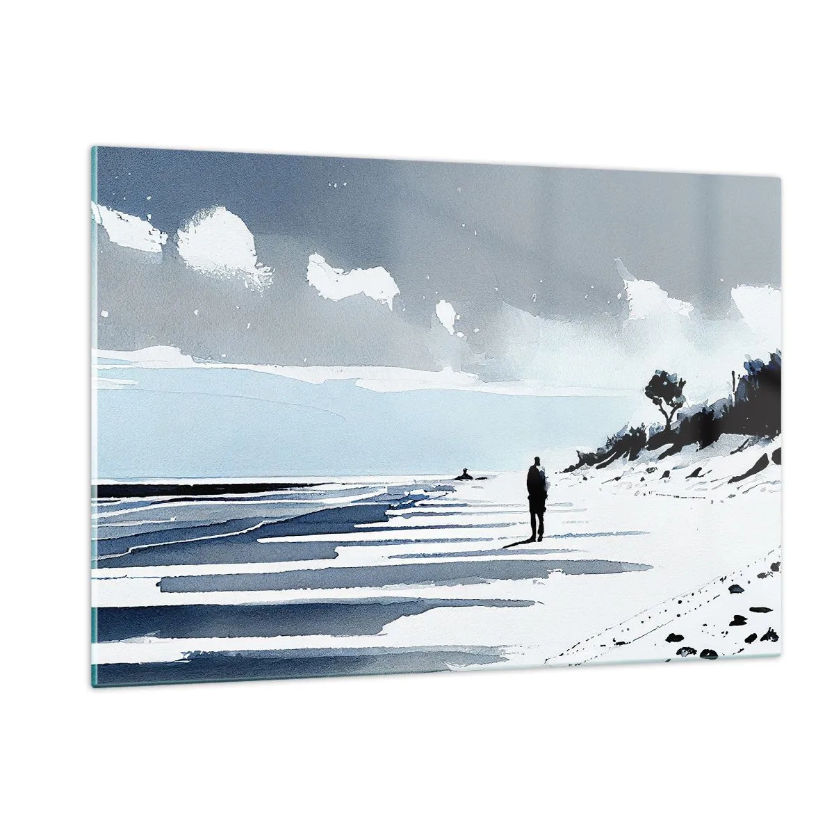 Obraz na szkle - Sylwetka samotnej osoby spacerującej po pustej plaży - 120x80cm - Sam na sam - Nowoczesna dekoracja ścienna do salonu, kuchni i sypialni ARTTOR