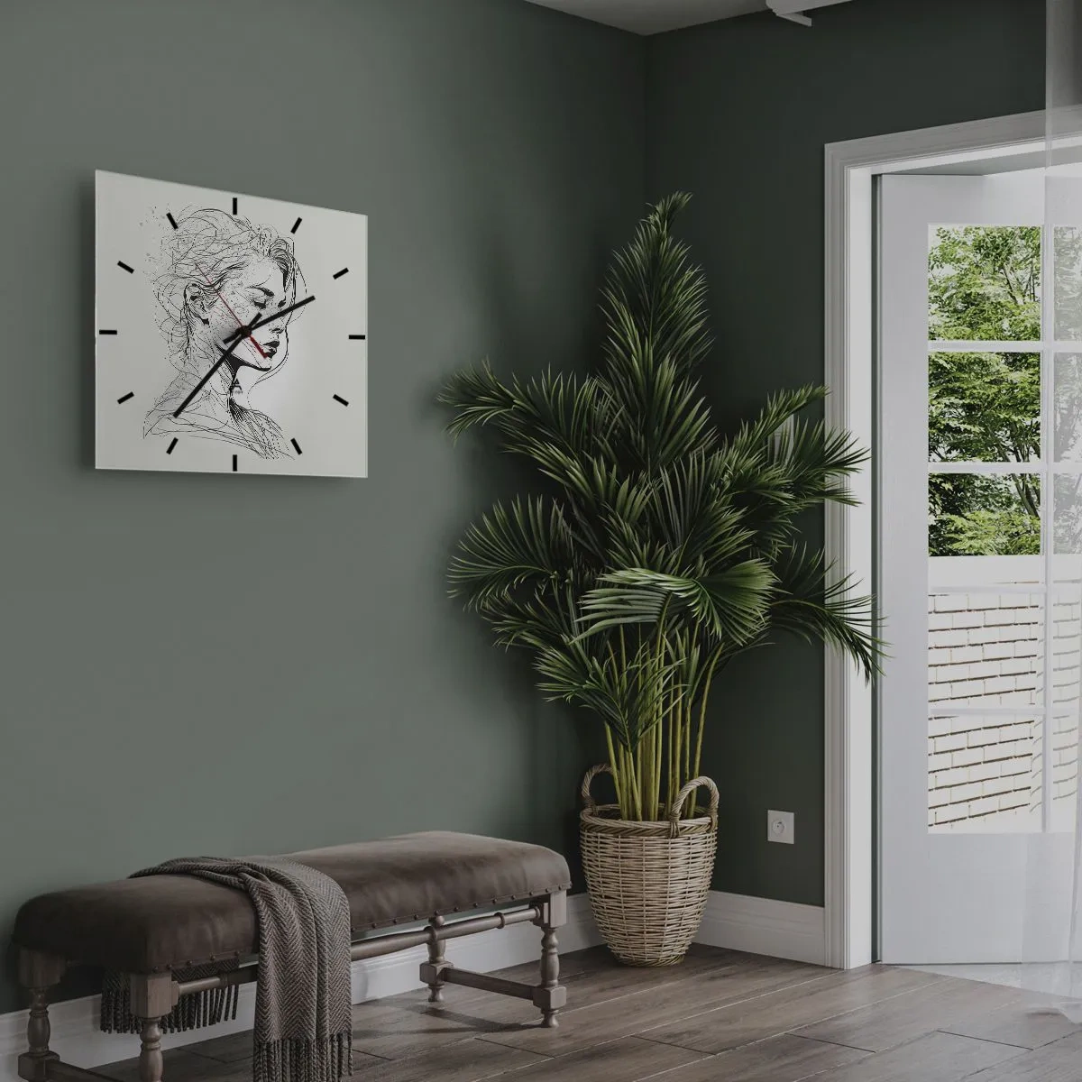 Zegar ścienny - Delikatny portret kobiety w minimalistycznym stylu graficznym - 30x30cm - Portret w zamyśleniu - Nowoczesna dekoracja ścienna do salonu i sypialni ARTTOR