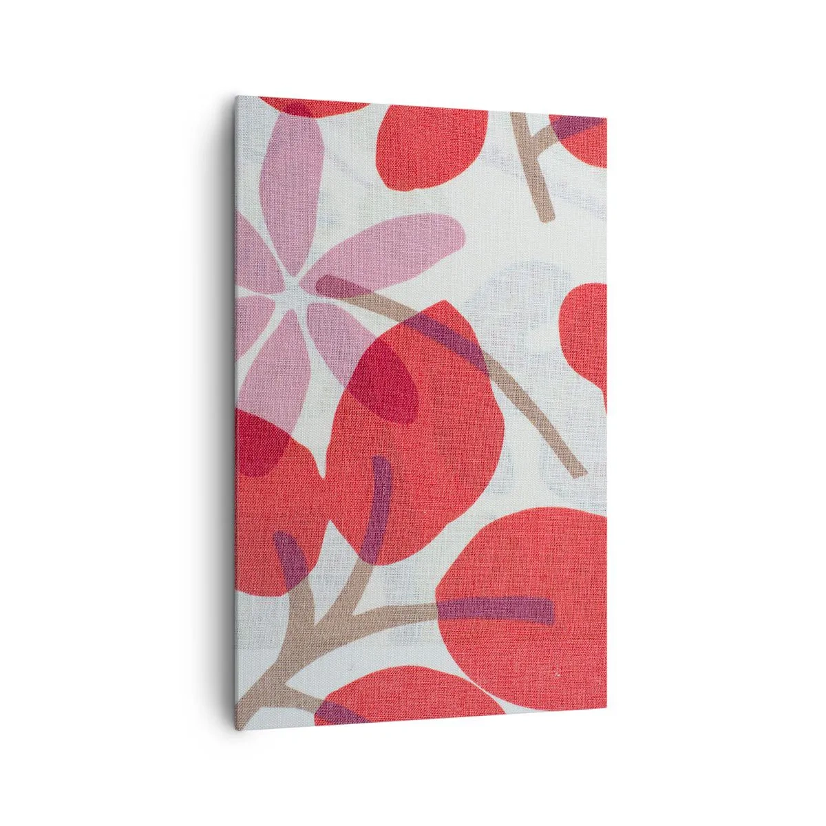 Obraz na płótnie - Kwiaty i liście w odcieniach czerwieni i różu - 80x120cm - Kompozycja kwiatowa w różu - Nowoczesna dekoracja ścienna do salonu i sypialni ARTTOR