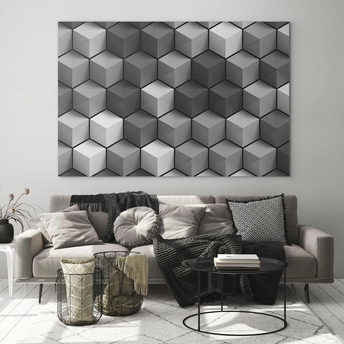 Obraz na szkle - Geometryczne sześciany w odcieniach szarości - 70x50cm - Kubistyczna układanka - Nowoczesna dekoracja ścienna do salonu i sypialni ARTTOR