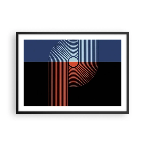 Plakat w czarnej ramie - Geometryczna abstrakcja z liniami w kolorach granatu i pomarańczu - 70x50cm - W geometrycznym uścisku - Nowoczesna dekoracja ścienna do salonu i sypialni ARTTOR
