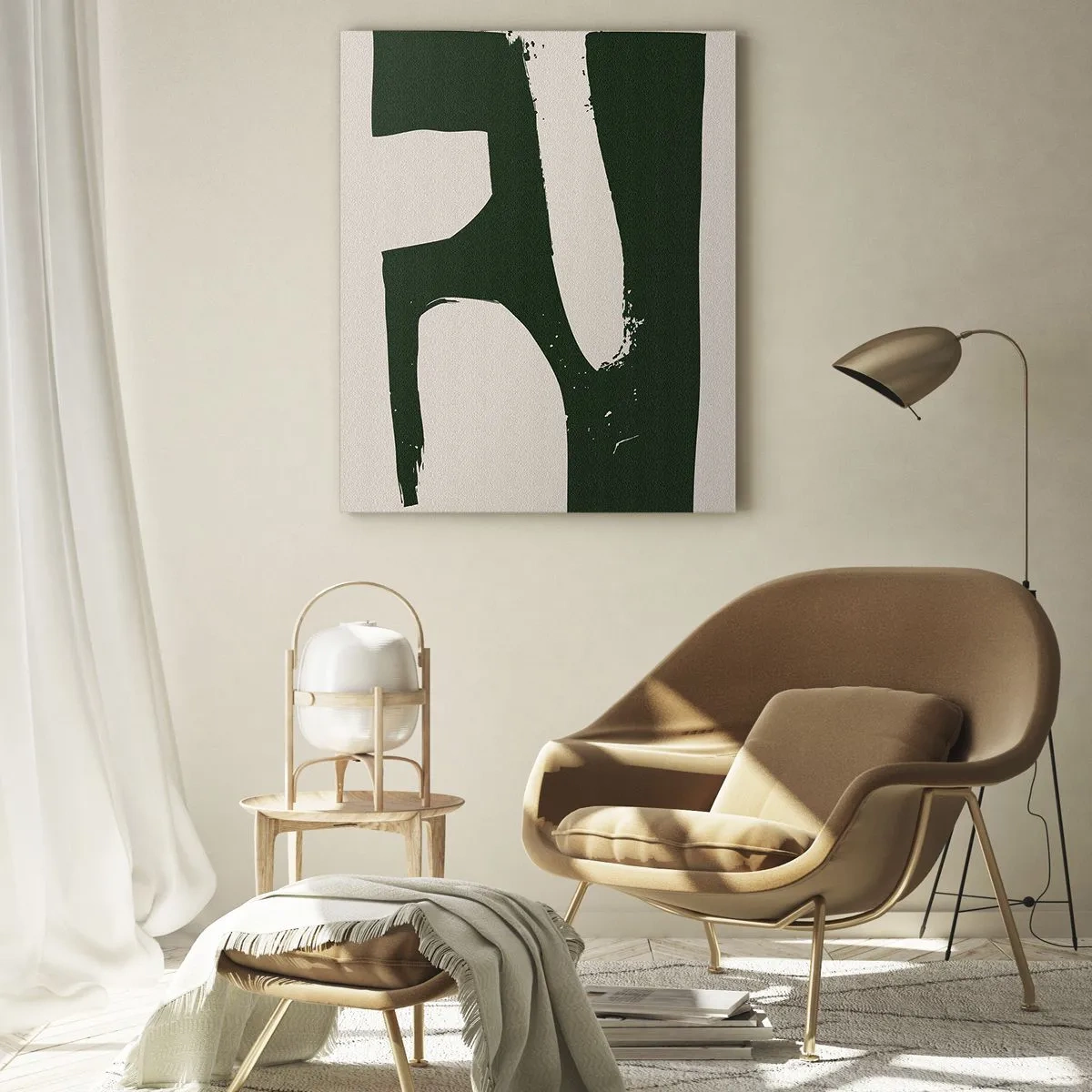 Obraz na szkle - Minimalistyczny abstrakt w zieleni na jasnym tle - 80x120cm - Zatoki bieli - Nowoczesna dekoracja ścienna do salonu i sypialni ARTTOR