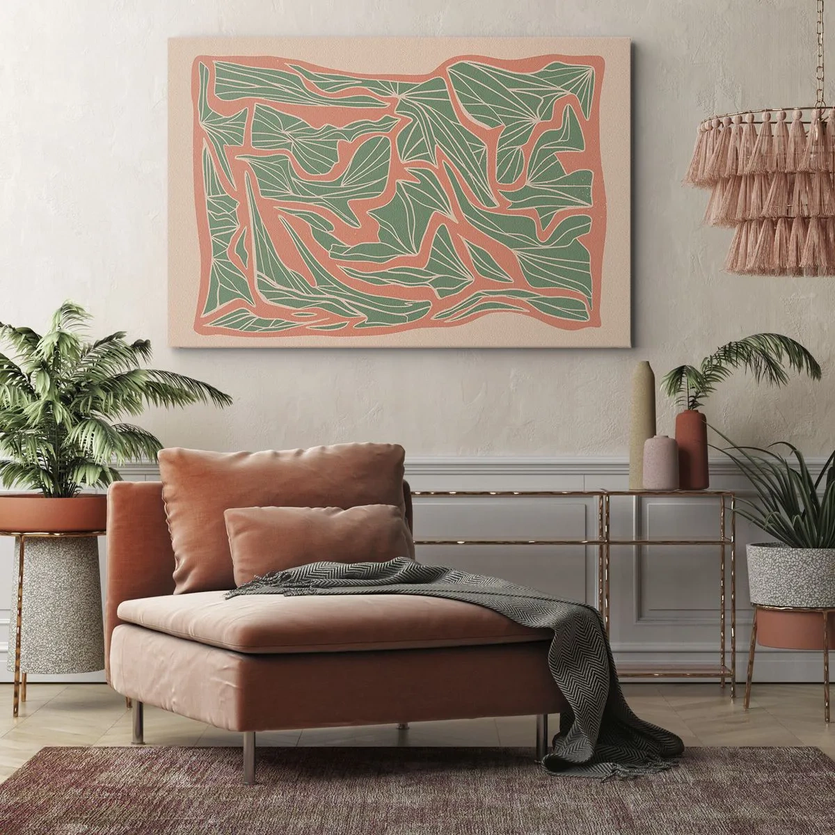 Obraz na płótnie - Roślinny wzór w odcieniach zieleni i pomarańczu - 70x50cm - Zmagania koralu i zieleni - Nowoczesna dekoracja ścienna do salonu i sypialni ARTTOR