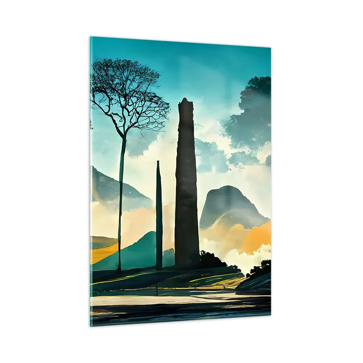 Obraz na szkle - Fantazyjny pejzaż z górami, drzewami i strzelistą skałą - 50x70cm - Wciąż wyżej i wyżej - Nowoczesna dekoracja ścienna do salonu, kuchni i sypialni ARTTOR