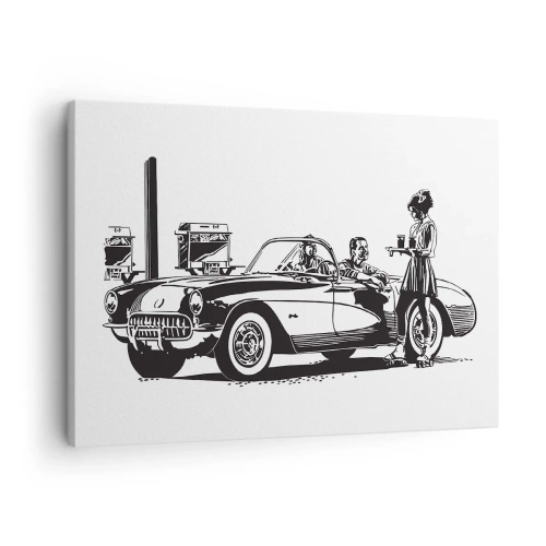 Obraz na płótnie - Czarno-biała scena retro z samochodem i kelnerką na wrotkach - 70x50cm - 60. - beztroska Ameryka - Nowoczesna dekoracja ścienna do salonu i sypialni ARTTOR