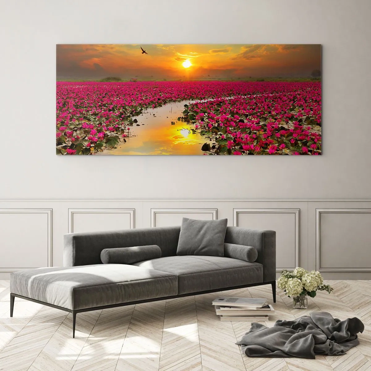 Obraz na szkle - Pole różowych lilii wodnych o zachodzie słońca - 120x50cm - Tajemne życie jeziora - Nowoczesna dekoracja ścienna do salonu i sypialni ARTTOR
