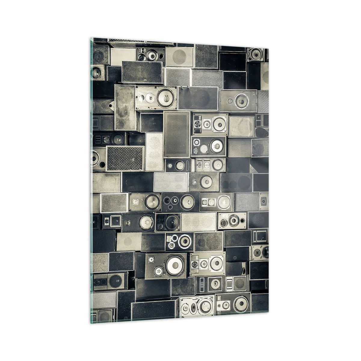 Obraz na szkle - Kompozycja retro głośników w odcieniach szarości - 50x70cm - I wszystko gra - Nowoczesna dekoracja ścienna do salonu, kuchni i sypialni ARTTOR