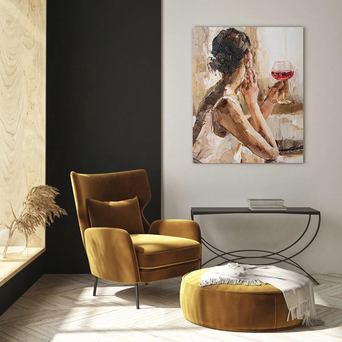 Obraz na szkle - Kobieta trzymająca kieliszek czerwonego wina w impresjonistycznym stylu - 70x100cm - Smak dobrej chwili - Nowoczesna dekoracja ścienna do salonu i sypialni ARTTOR