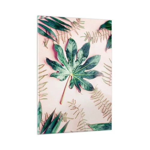 Obraz na szkle - Tropikalne liście na pastelowym tle - 50x70cm - Studium zieleni na różowym tle - Nowoczesna dekoracja ścienna do salonu, kuchni i sypialni ARTTOR