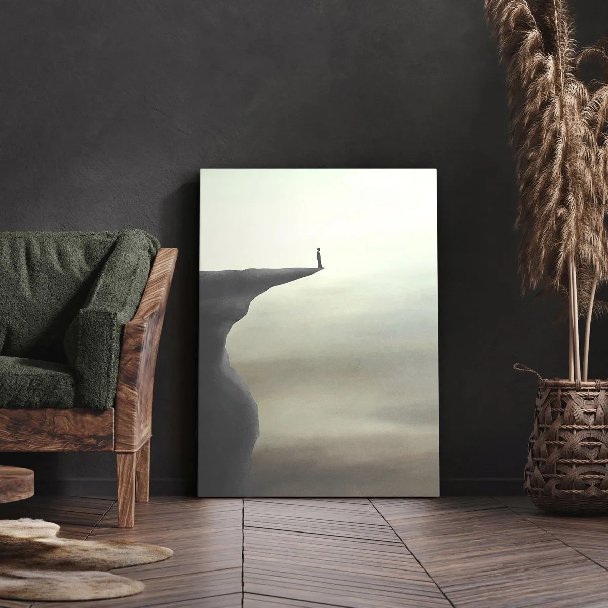 Obraz na płótnie - Sylwetka osoby stojącej na krawędzi urwiska w mglistym krajobrazie - 50x70cm - Do góry, oczywiście! - Nowoczesna dekoracja ścienna do salonu, kuchni i sypialni ARTTOR