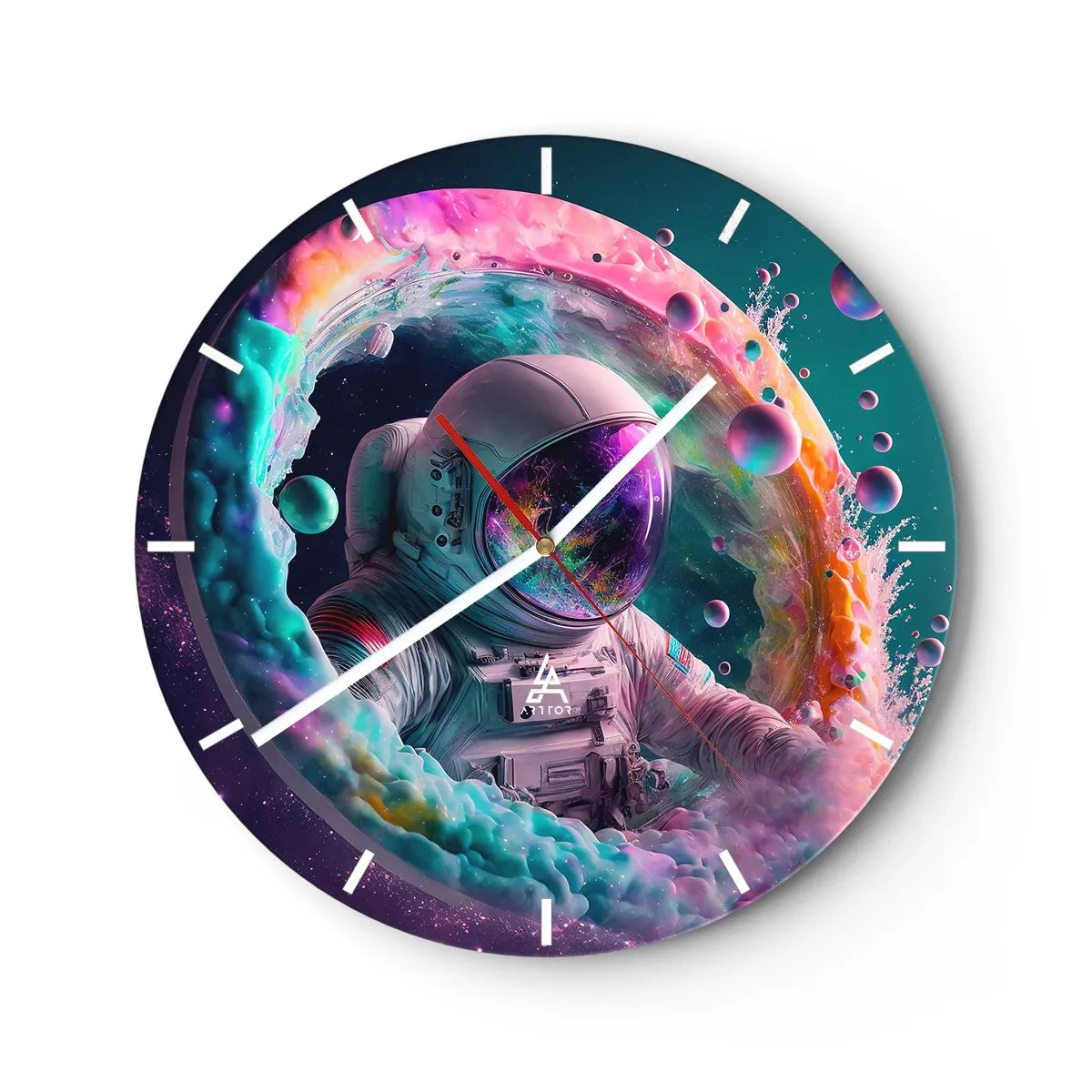 Zegar ścienny - Astronauta wśród kosmicznych barw i efektów przypominających portal - 30x30cm - Gwiezdne wrota - Nowoczesna dekoracja ścienna do salonu, kuchni i sypialni ARTTOR