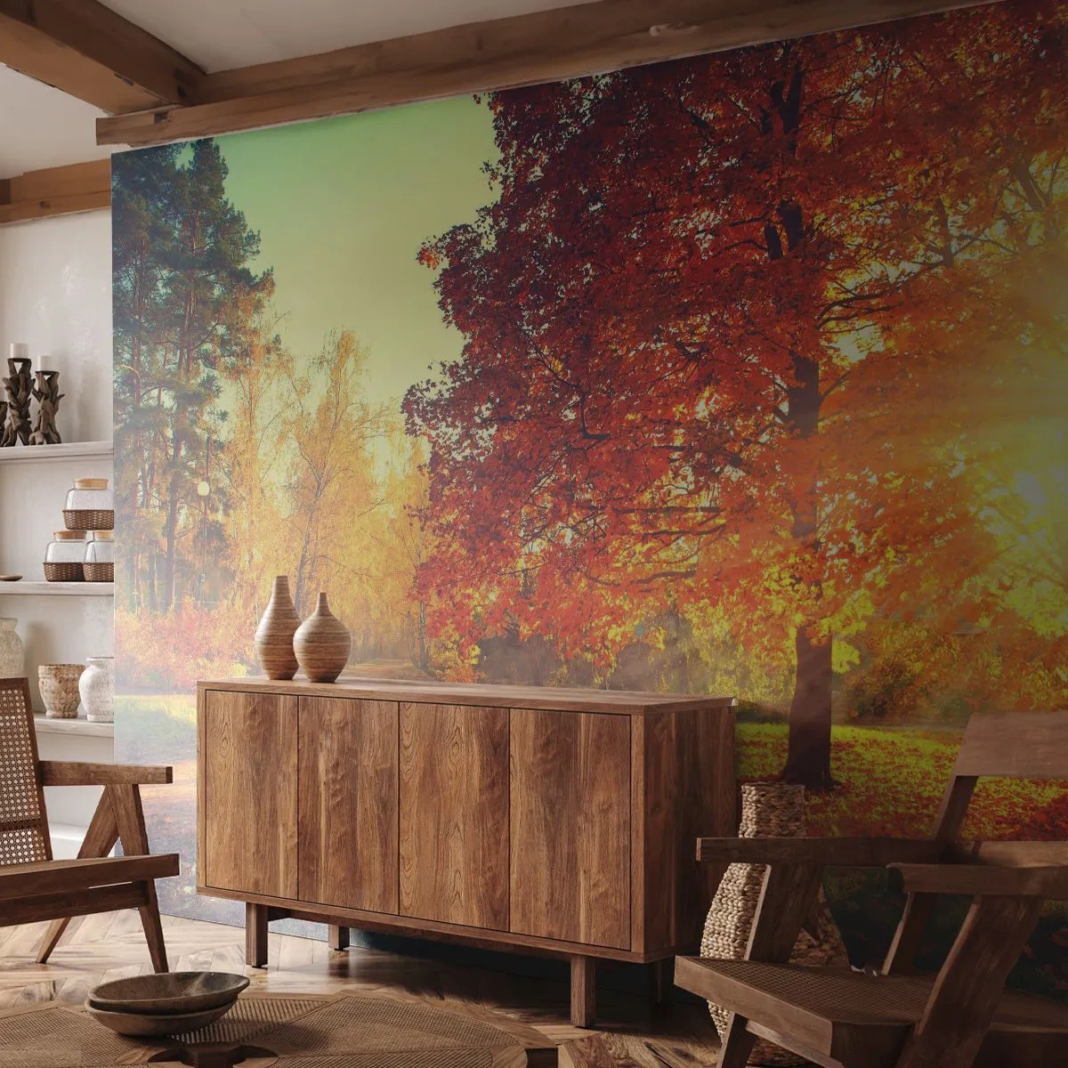Fototapeta Premium Sand - Jesienny park w promieniach zachodzącego słońca - 100x70cm - Rude jest piękne - Nowoczesna dekoracja ścienna do salonu, kuchni i sypialni ARTTOR
