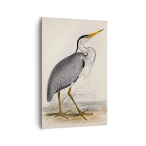 Obraz na płótnie - Elegancka ilustracja czapli stojącej na brzegu w delikatnych odcieniach - 80x120cm - Czapli wdzięk - Nowoczesna dekoracja ścienna do salonu i sypialni ARTTOR