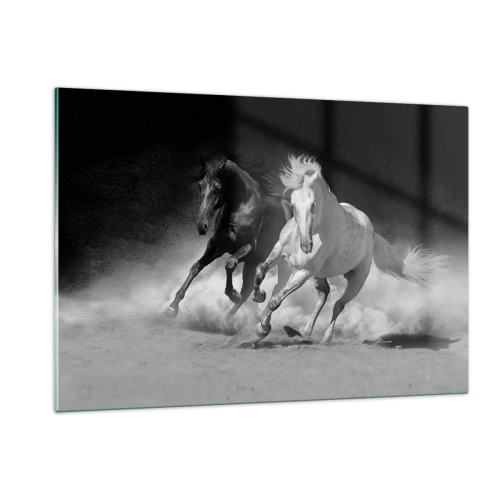 Obraz na szkle - Biegnące konie w czarno-białej tonacji - 120x80cm - Galop wolności - Nowoczesna dekoracja ścienna do salonu, kuchni i sypialni ARTTOR