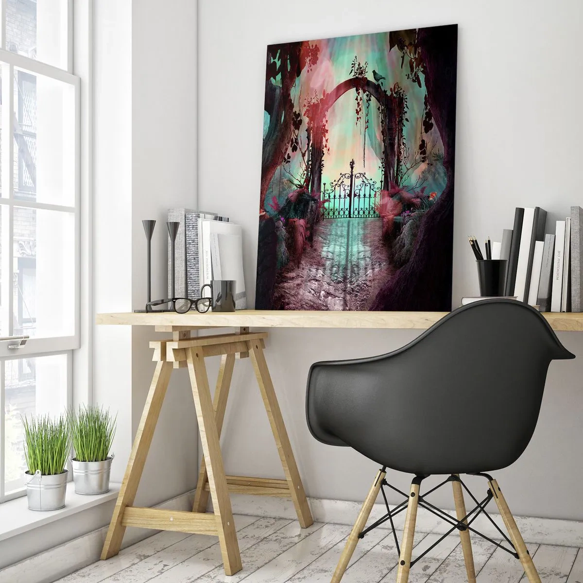 Obraz na szkle - Magiczne wejście z kutą bramą w otoczeniu tajemniczej roślinności - 80x120cm - Tajemniczy ogród - Nowoczesna dekoracja ścienna do salonu i sypialni ARTTOR
