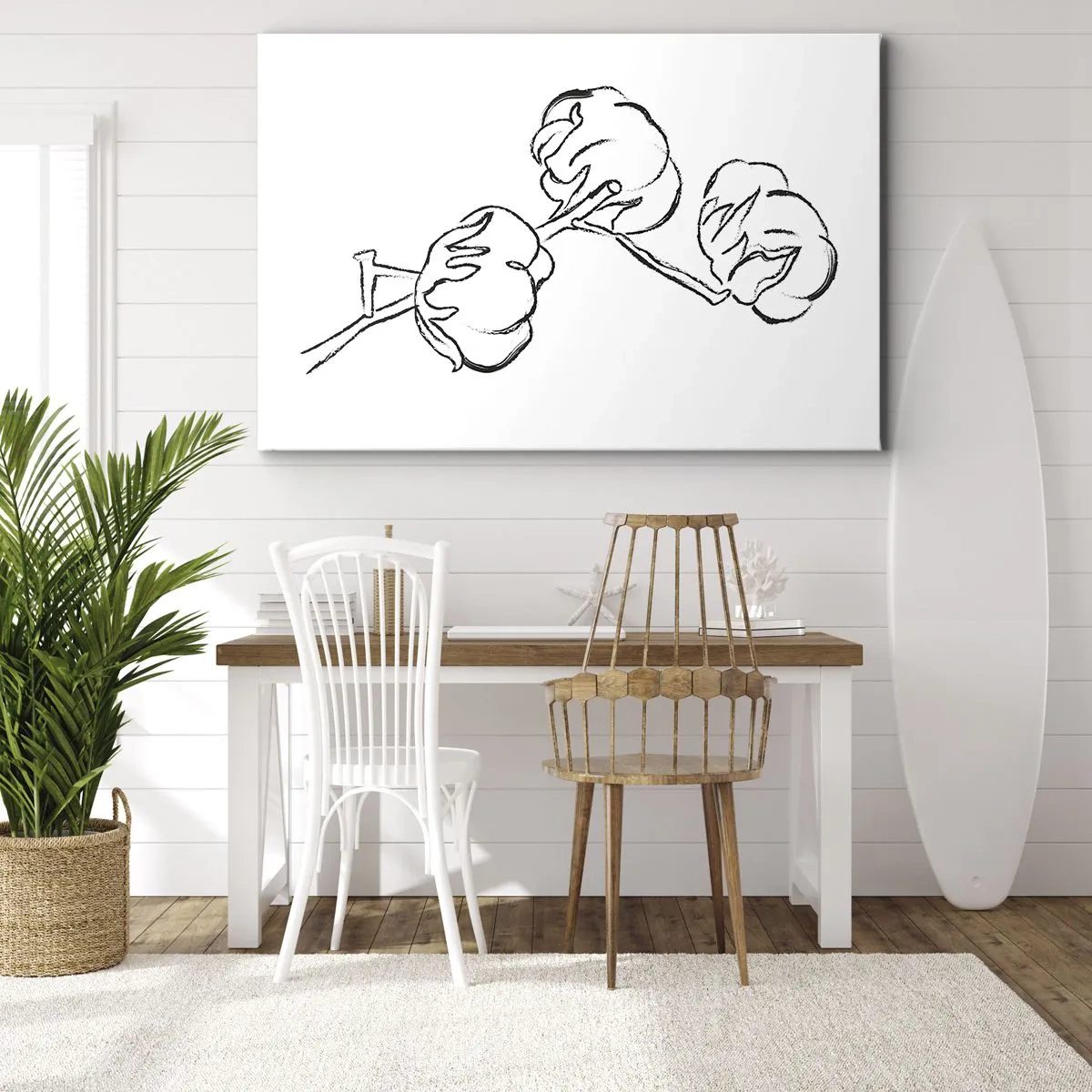 Obraz na płótnie - Delikatny kontur gałązki bawełny na białym tle - 70x50cm - Bawełniany puch - Nowoczesna dekoracja ścienna do salonu i sypialni ARTTOR