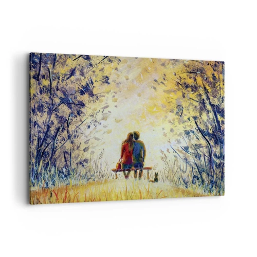 Obraz na płótnie - Para siedząca na ławce wśród jesiennych drzew w świetle słońca - 100x70cm - Magiczna chwila - Nowoczesna dekoracja ścienna do salonu, kuchni i sypialni ARTTOR