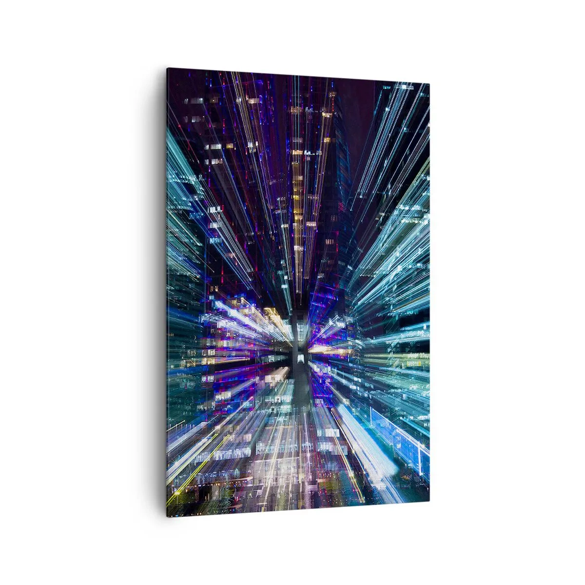 Obraz na płótnie - Dynamiczny widok miasta nocą z efektem świetlnym - 80x120cm - Przejście w nadprzestrzeń - Nowoczesna dekoracja ścienna do salonu i sypialni ARTTOR