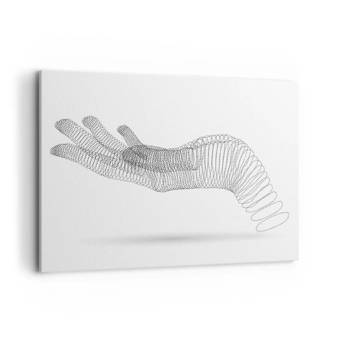 Obraz na płótnie - Minimalistyczna ilustracja dłoni stworzona z czarnych kropek na białym tle - 100x70cm - Sprężysta dłoń - Nowoczesna dekoracja ścienna do salonu, kuchni i sypialni ARTTOR