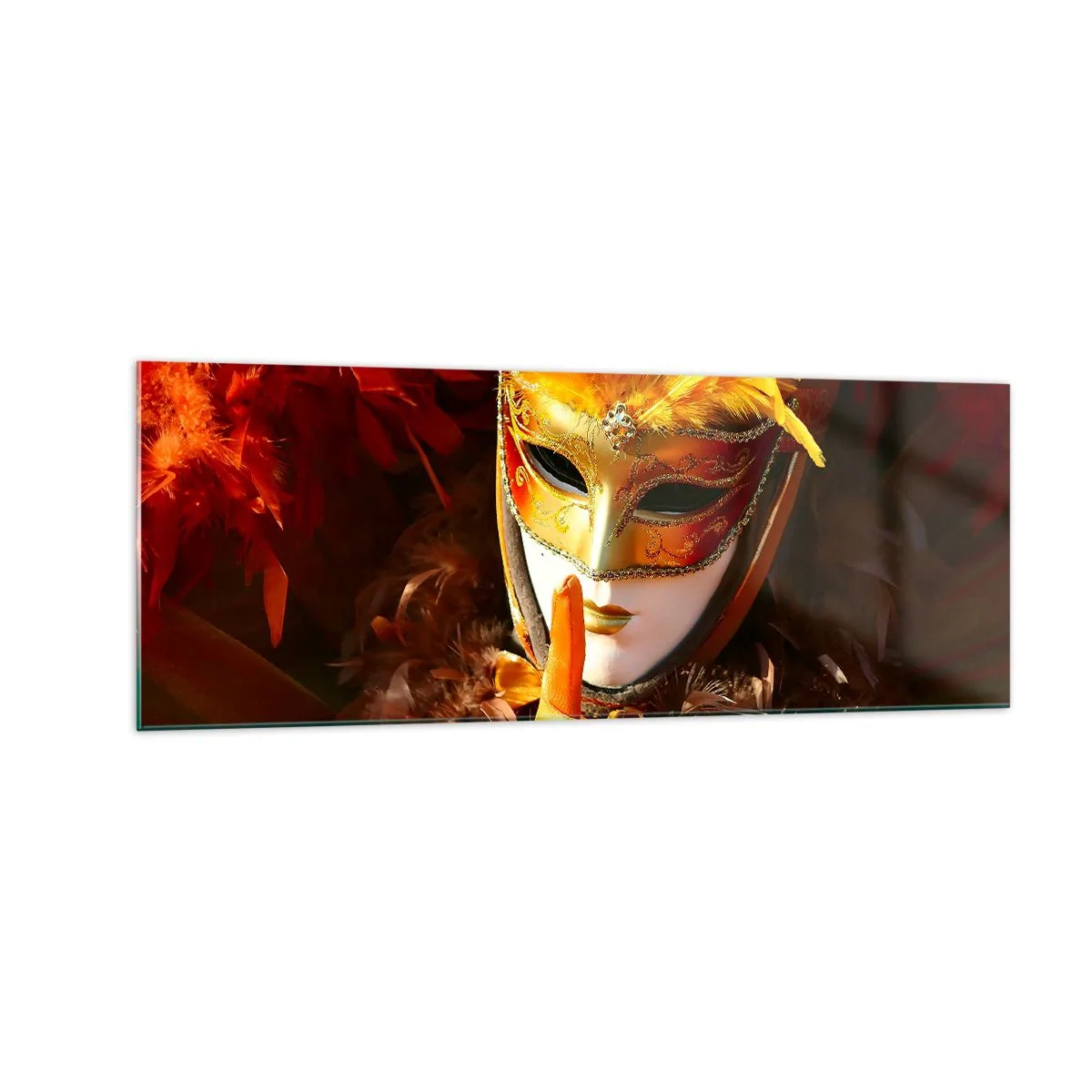 Obraz na szkle - Maska karnawałowa w odcieniach złota i pomarańczu - 140x50cm - Tajemnica to część gry - Nowoczesna dekoracja ścienna do salonu i sypialni ARTTOR