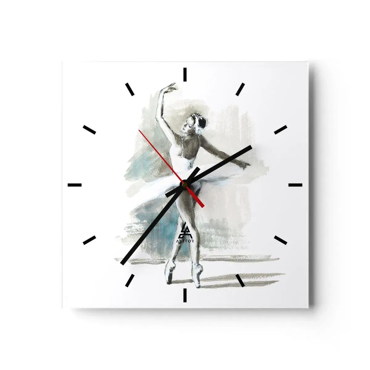 Zegar ścienny - Tancerka baletowa w pozie baletowej na tle delikatnych akwarelowych tonacji - 30x30cm - Zaklęta w łabędzia - Nowoczesna dekoracja ścienna do salonu i sypialni ARTTOR