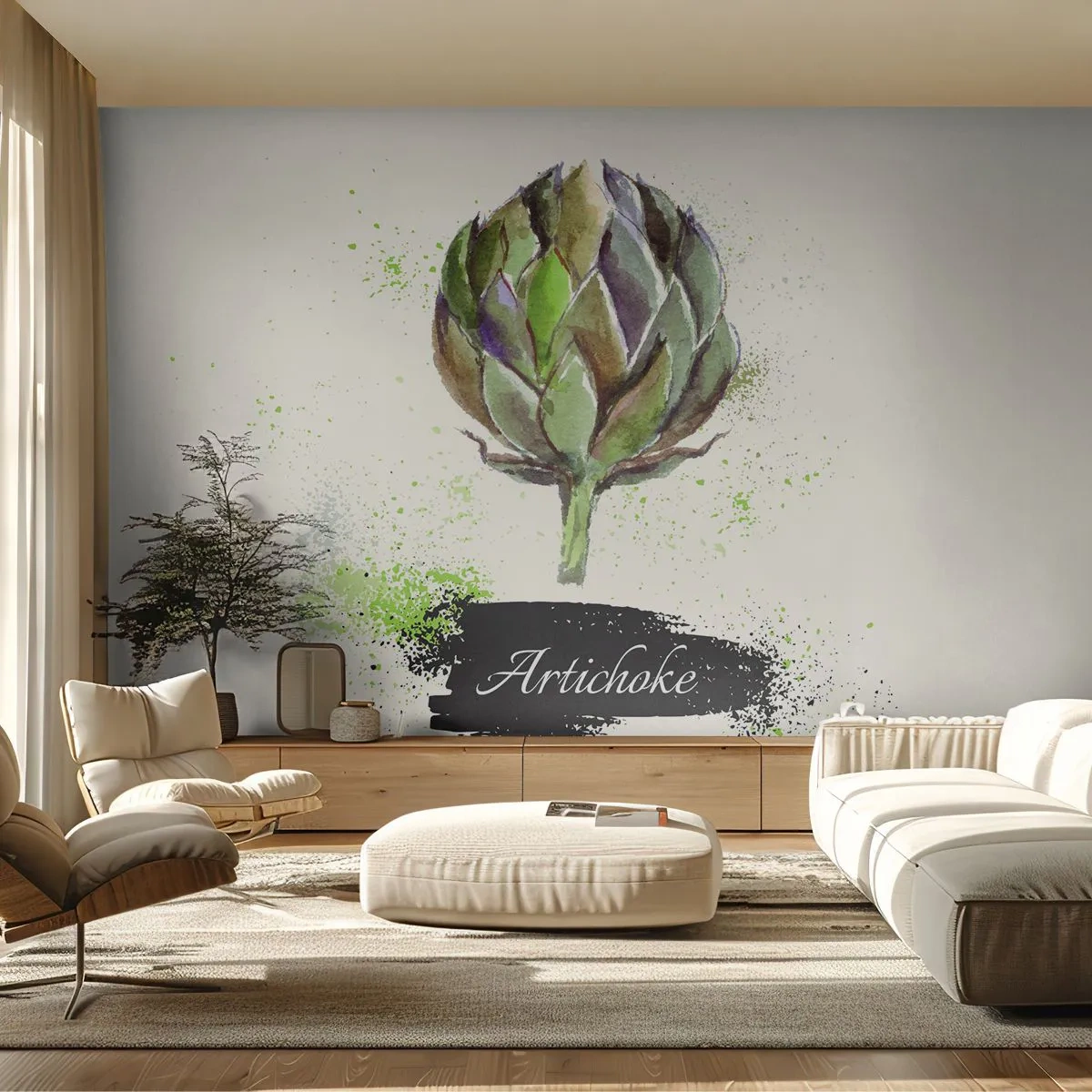 Fototapeta Premium Sand - Akwarelowa karczoch z napisem artichoke na jasnym tle - 100x70cm - Eviva warzywa! - Nowoczesna dekoracja ścienna do salonu, kuchni i sypialni ARTTOR