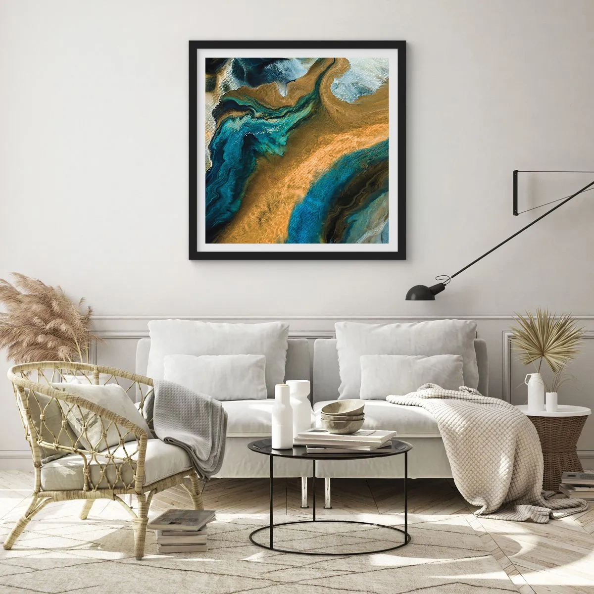 Plakat w czarnej ramie - Niebieski – zółty – wzajemne wpływy - 60x60 cm