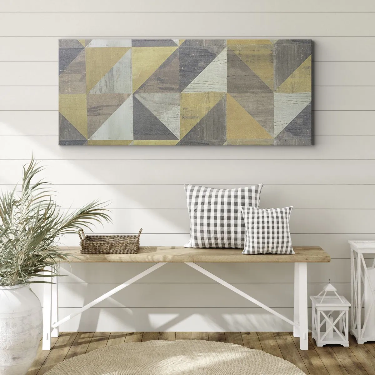 Obraz na płótnie - Geometryczna kompozycja trójkątów w odcieniach ziemi - 160x50cm - Pod kątem trójkąta - Nowoczesna dekoracja ścienna do salonu i sypialni ARTTOR