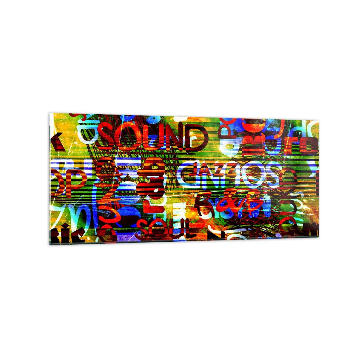 Obraz na szkle - Kolorowa abstrakcja z napisami muzycznymi w stylu pop-art - 120x50cm - Wszystkie barwy dźwięku - Nowoczesna dekoracja ścienna do salonu i sypialni ARTTOR
