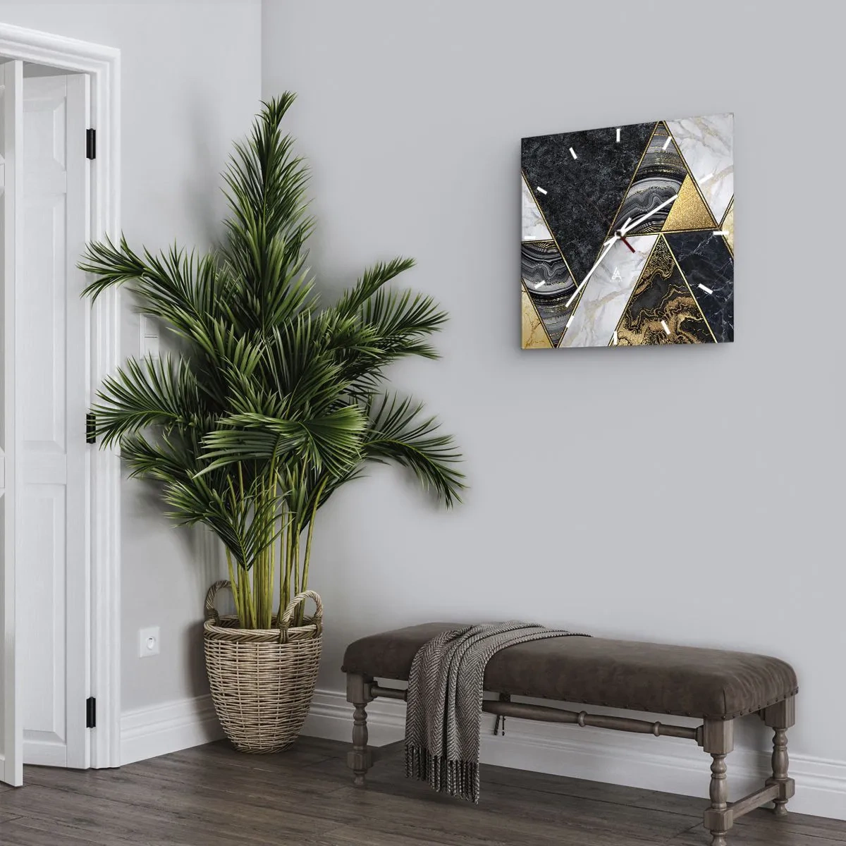 Zegar ścienny - Geometryczne trójkąty w złocie, marmurze i ciemnych odcieniach - 30x30cm - Kamień przy kamieniu - Nowoczesna dekoracja ścienna do salonu i sypialni ARTTOR