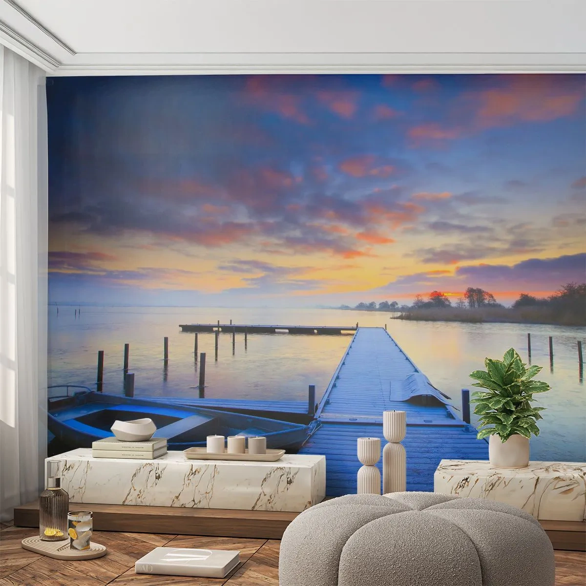 Fototapeta Premium Sand - Fioletowo-złoty spokój - Krajobraz, Jezioro, Łódka - 350x256 cm