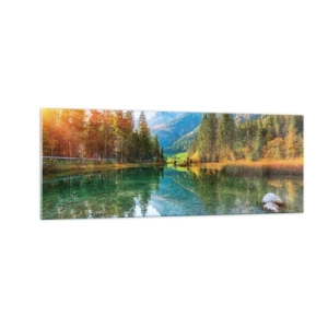 Obraz na szkle - Malownicze jezioro w otoczeniu gór i lasów - 140x50cm - Łagodność jesieni - Nowoczesna dekoracja ścienna do salonu i sypialni ARTTOR
