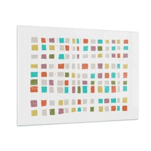 Obraz na szkle - Kolorowa mozaika kwadratów na białym tle w stylu abstrakcyjnym - 100x70cm - Nieznana gra - Nowoczesna dekoracja ścienna do salonu, kuchni i sypialni ARTTOR