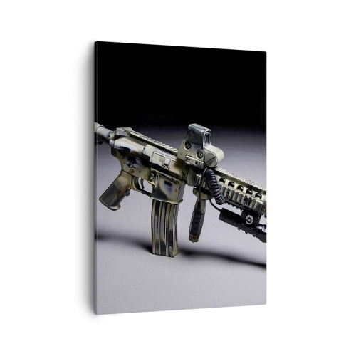 Obraz na płótnie - Taktyczna broń szturmowa w ciemnym tle - 50x70cm - Zawsze grożny - Nowoczesna dekoracja ścienna do salonu, kuchni i sypialni ARTTOR