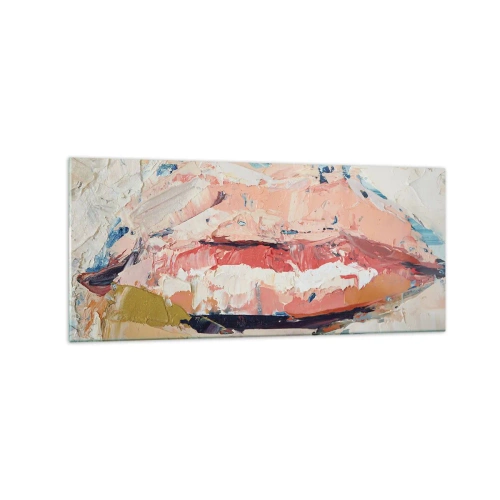 Obraz na szkle - Abstrakcyjna kompozycja przedstawiająca kobiece usta w pastelowych barwach - 120x50cm - Budzi zmysły - Nowoczesna dekoracja ścienna do salonu i sypialni ARTTOR