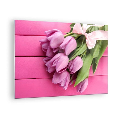 Obraz na szkle - Bukiet różowych tulipanów na drewnianym tle - 70x50cm - Właśnie dla ciebie - Nowoczesna dekoracja ścienna do salonu i sypialni ARTTOR