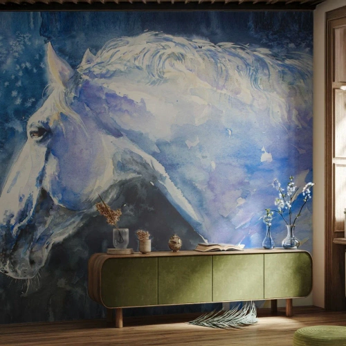 Fototapeta Standard Eco - Akwarelowy koń w odcieniach niebieskiego - 100x70cm - Portret w błękitnej poświacie - Nowoczesna dekoracja ścienna do salonu i sypialni ARTTOR