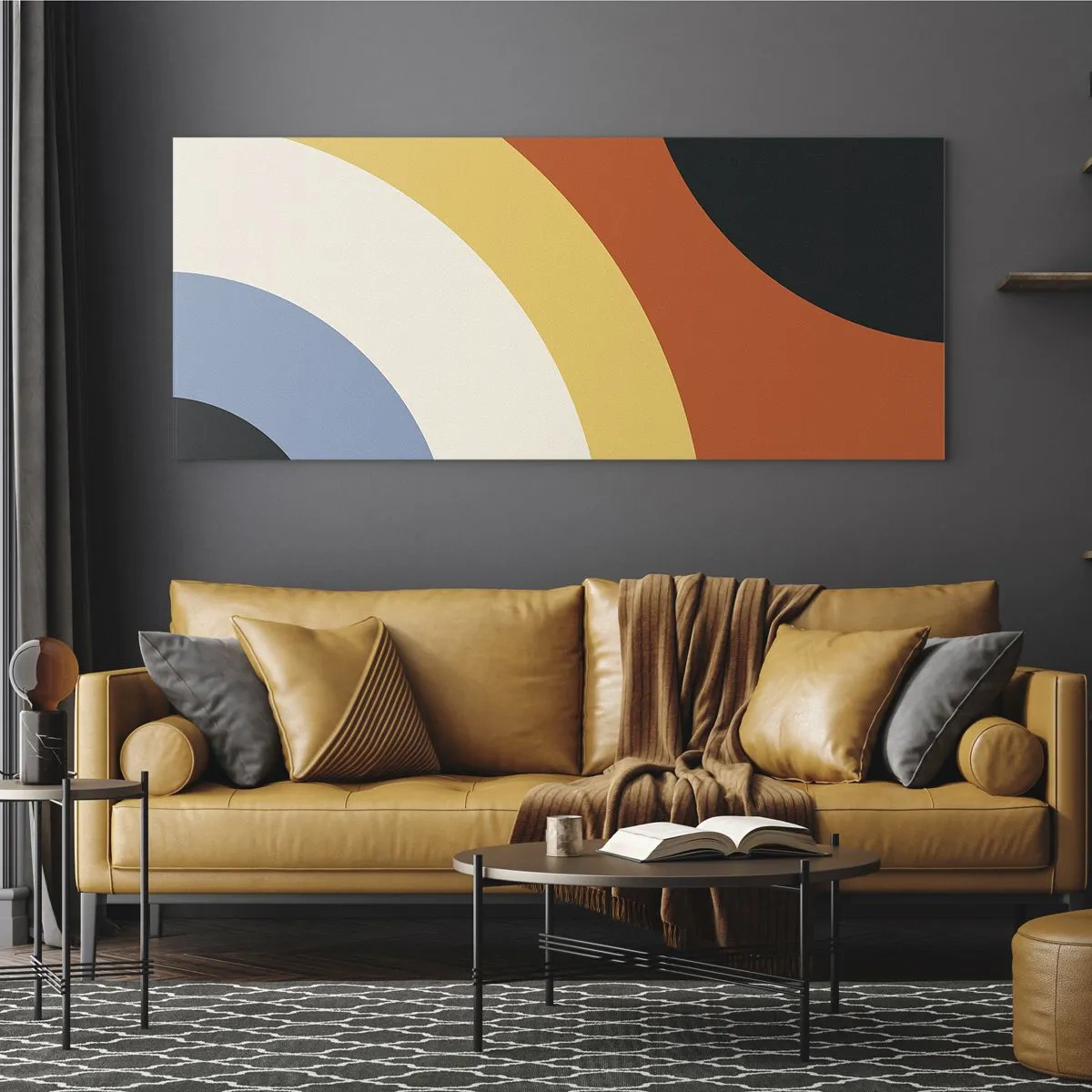 Obraz na szkle - Abstrakcyjna grafika z kolorowymi łukami i kontrastowymi kołami - 120x50cm - Ku sobie - Nowoczesna dekoracja ścienna do salonu i sypialni ARTTOR