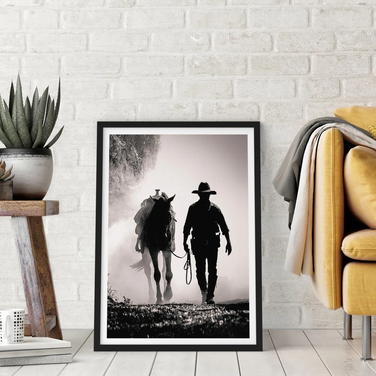 Plakat w czarnej ramie - Sylwetka kowboja z koniem w porannej mgle - 50x70cm - Teksański poranek - Nowoczesna dekoracja ścienna do salonu i sypialni ARTTOR