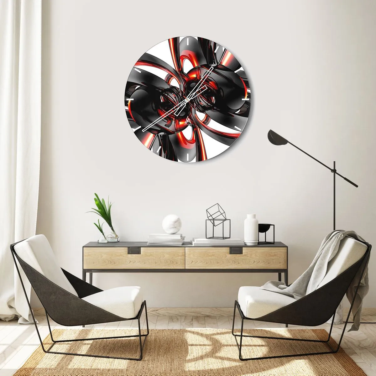 Zegar ścienny - Abstrakcyjny wzór z czerwonymi i czarnymi kształtami - 30x30cm - Ruch w graficie i czerwieni - Nowoczesna dekoracja ścienna do salonu, kuchni i sypialni ARTTOR