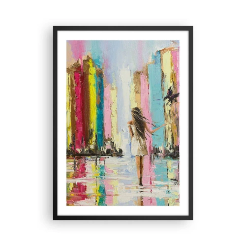 Plakat w czarnej ramie - Kobieta wśród kolorowych budynków w impresjonistycznym stylu - 50x70cm - Idż za mną - Nowoczesna dekoracja ścienna do salonu i sypialni ARTTOR