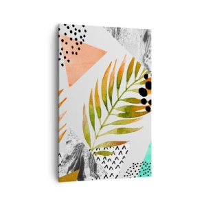Obraz na płótnie - Tropikalny wzór z liśćmi i geometrycznymi kształtami - 80x120cm - Dekoracja z palmowym liściem - Nowoczesna dekoracja ścienna do salonu i sypialni ARTTOR