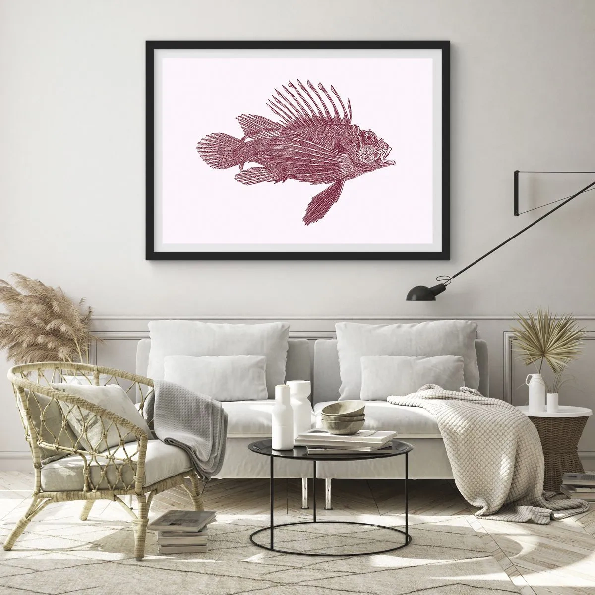 Plakat w czarnej ramie - Rysunek ryby w czerwonym odcieniu - 70x50cm - Mieszkanka egzotycznych wód - Nowoczesna dekoracja ścienna do salonu i sypialni ARTTOR
