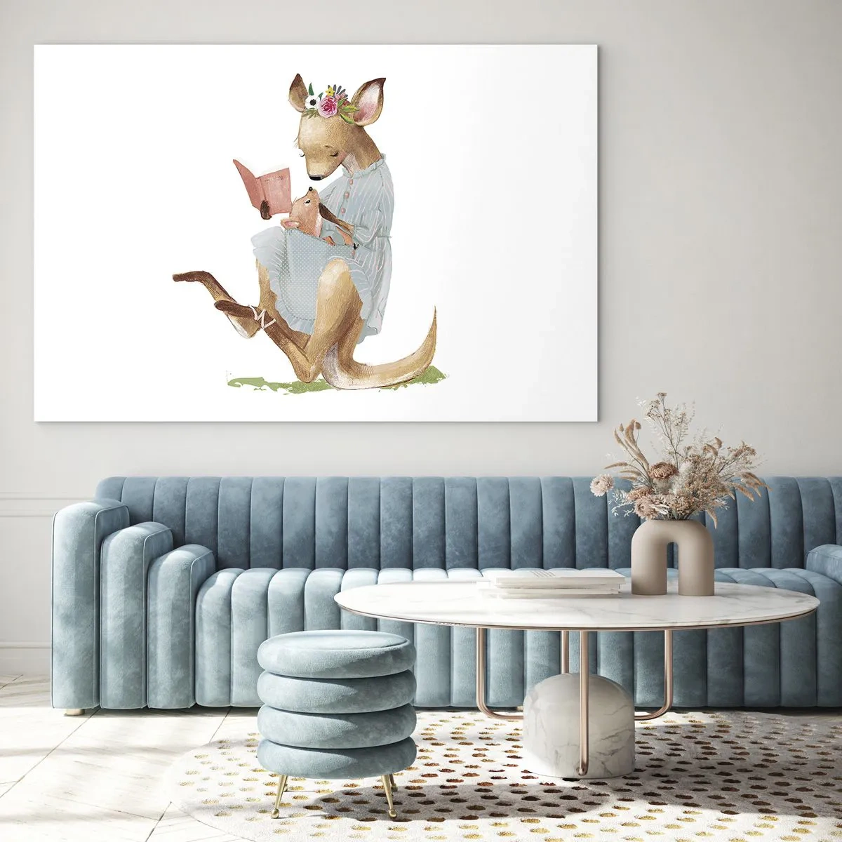 Obraz na szkle - Mama kangurzyca czytająca książkę małemu kangurkowi - 70x50cm - Poczytaj mi, mamo - Nowoczesna dekoracja ścienna do salonu i sypialni ARTTOR